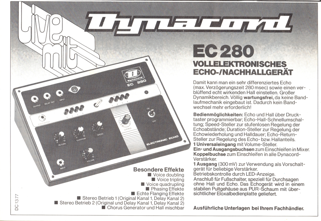 Werbung für das Dynacord EC280 Echo- und Nachhallgerät (Aus: Fachblatt MusicMagazin, Juni 1977).